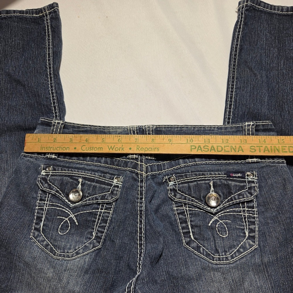 Angels Womens Skinny Jeans Blue Dark Wash Thick Stitch Rhinestone Low Rise Sz 5 - Picture 7 of 8